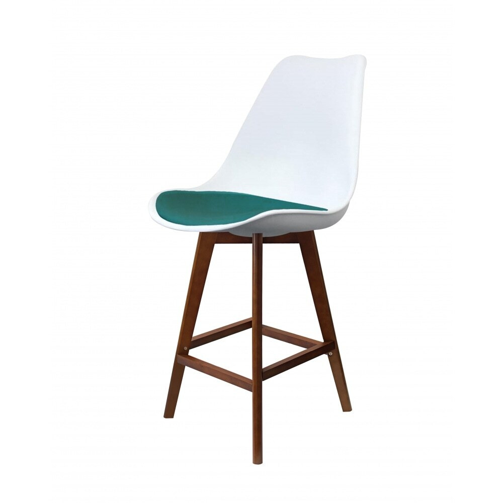 Fusion Living Soho White and Teal Plastic Bar Stool with Dark Wood Legs