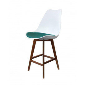 "Fusion Living Soho White and Teal Plastic Bar Stool with Dark Wood Legs "