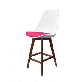Fusion Living Soho White and Bright Pink Plastic Bar Stool with Dark Wood Legs