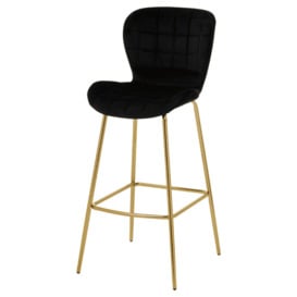 Fusion Living Quilted Black Velvet Barstool With Gold Metal Legs