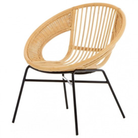 Fusion Living Natural Rattan Round Armchair With Black Iron Legs