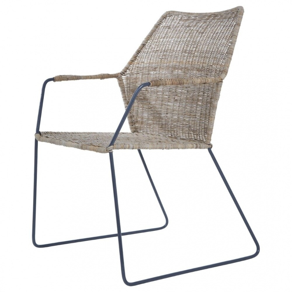 Fusion Living Natural Rattan Angled Armchair With Black Iron Legs