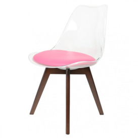 Fusion Living Soho Clear and Bright Pink Plastic Dining Chair with Squared Dark Wood Legs