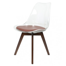 Fusion Living Soho Clear and Chocolate Plastic Dining Chair with Squared Dark Wood Legs