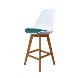 "Fusion Living Soho White and Teal Plastic Bar Stool with Medium Wood Legs "