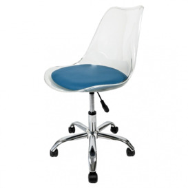 "Fusion Living Soho Clear and Petrol Plastic Desk Chair with Swivel Base "