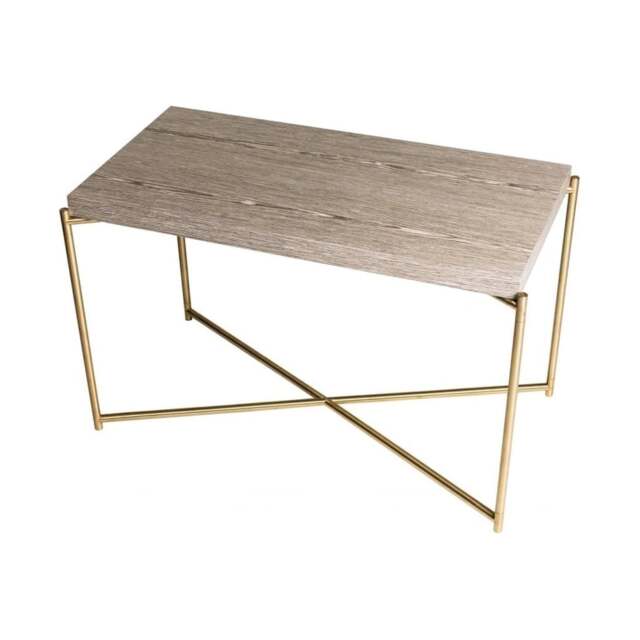 "Gillmore Weathered Oak Rectangular Side Table with Brass Cross Base "