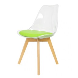 "Fusion Living Soho Clear and Green Plastic Dining Chair with Squared Light Wood Legs - interlock "