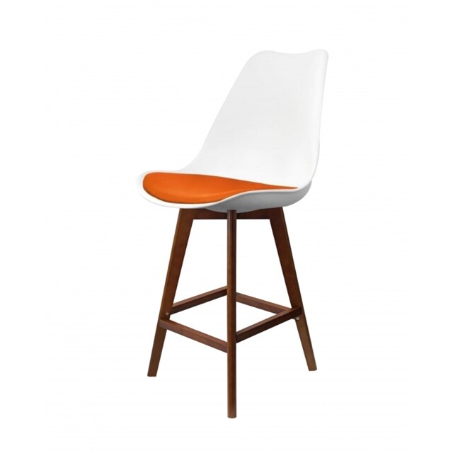 "Fusion Living Soho White and Orange Plastic Bar Stool with Dark Wood Legs "