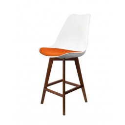 "Fusion Living Soho White and Orange Plastic Bar Stool with Dark Wood Legs "