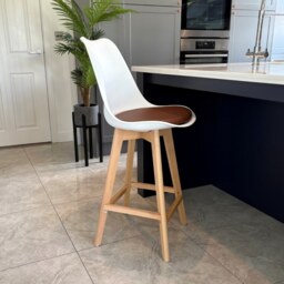 "Fusion Living Soho White and Chocolate Brown Plastic Bar Stool with Light Wood Legs "