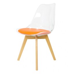 "Fusion Living Soho Clear and Orange Plastic Dining Chair with Squared Light Wood Legs - interlock "