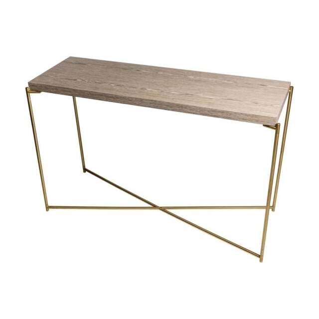 "Gillmore Weathered Oak Large Console Table with Brass Cross Base "