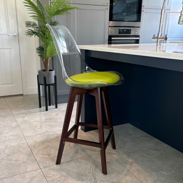 "Fusion Living Soho Clear and Green Plastic Bar Stool with Dark Wood Legs "