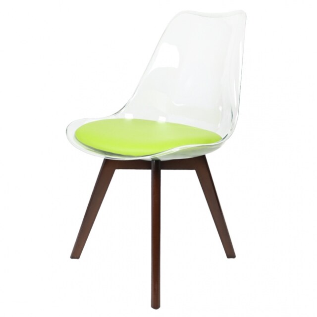 "Fusion Living Soho Clear and Green Plastic Dining Chair with Squared Dark Wood Legs "