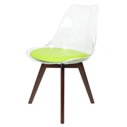 "Fusion Living Soho Clear and Green Plastic Dining Chair with Squared Dark Wood Legs "