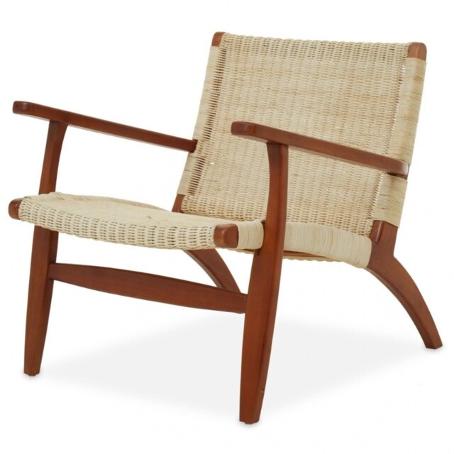 "Fusion Living Natural Rattan And Mahogany Wood Reclined Armchair "