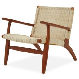 "Fusion Living Natural Rattan And Mahogany Wood Reclined Armchair "
