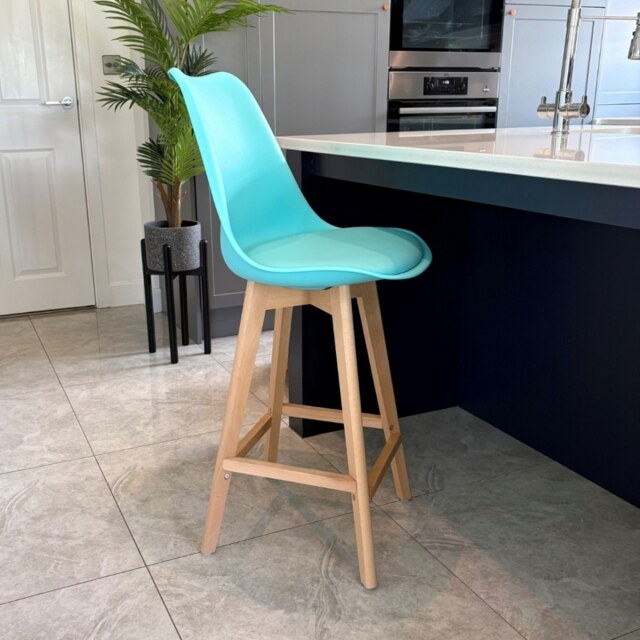 "Fusion Living Soho Aqua Blue Plastic Bar Stool with Light Wood Legs "