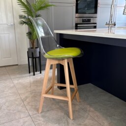 "Fusion Living Soho Clear and Green Plastic Bar Stool with Light Wood Legs "