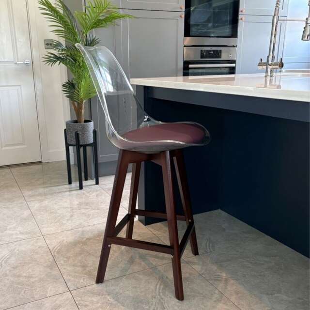 "Fusion Living Soho Clear and Aubergine Plastic Bar Stool with Dark Wood Legs "