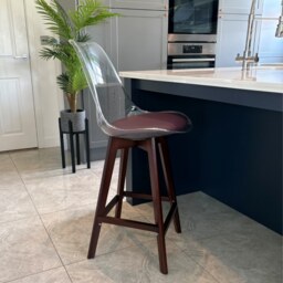 "Fusion Living Soho Clear and Aubergine Plastic Bar Stool with Dark Wood Legs "