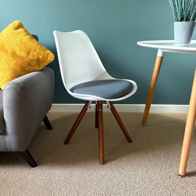 "Fusion Living Soho White and Dark Grey Dining Chair with Pyramid Dark Wood Legs "