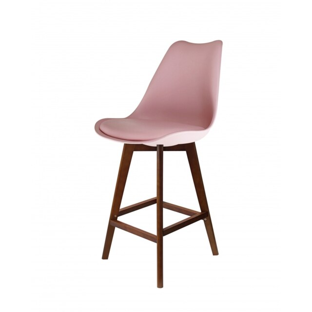 "Fusion Living Soho Blush Pink Plastic Bar Stool with Dark Wood Legs "