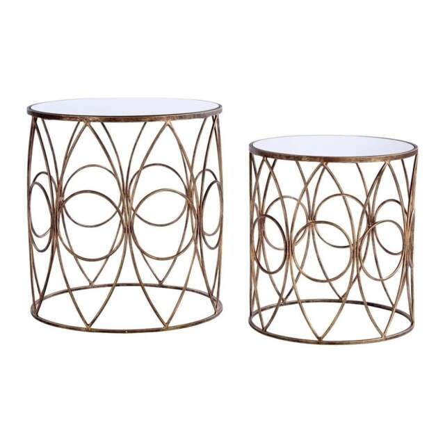 "Fusion Living Nest of Mirrored Top Side Tables with Antiqued Gold Frame "