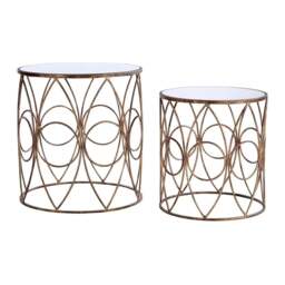 "Fusion Living Nest of Mirrored Top Side Tables with Antiqued Gold Frame "