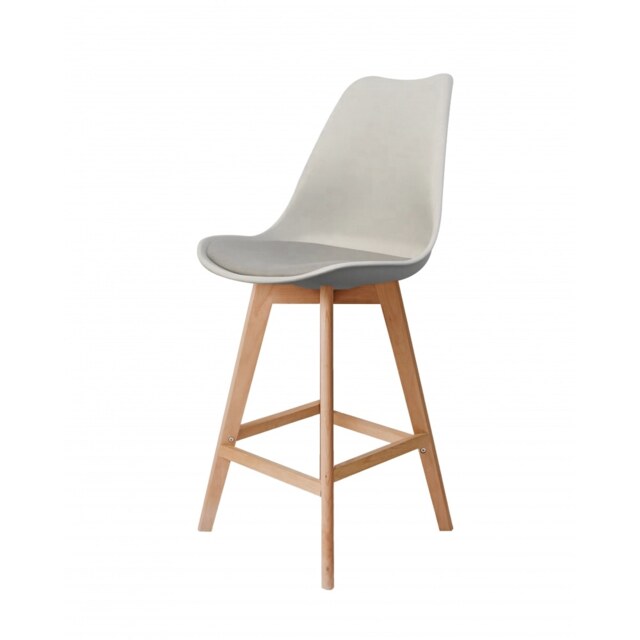 "Fusion Living Soho Light Grey Plastic Bar Stool with Light Wood Legs "