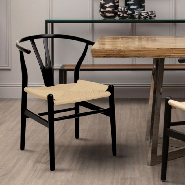 "Fusion Living Wishbone Black Beechwood And Natural Hemp Weave Dining Chair "