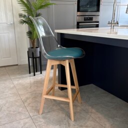 "Fusion Living Soho Clear and Teal Plastic Bar Stool with Light Wood Legs "