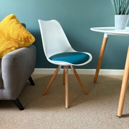 "Fusion Living Soho White and Teal Dining Chair with Pyramid Light Wood Legs "