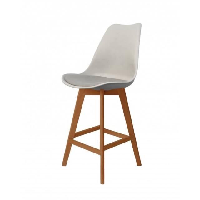 "Fusion Living Soho Light Grey Plastic Bar Stool with Medium Wood Legs "