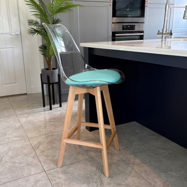 "Fusion Living Soho Clear and Aqua Plastic Bar Stool with Light Wood Legs "