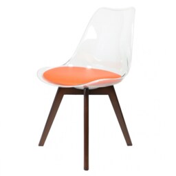 "Fusion Living Soho Clear and Orange Plastic Dining Chair with Squared Dark Wood Legs "