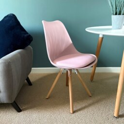 "Fusion Living Soho Blush Pink Plastic Dining Chair with Pyramid Light Wood Legs "