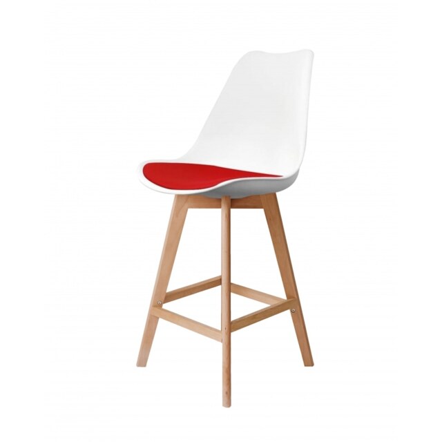 "Fusion Living Soho White and Red Plastic Bar Stool with Light Wood Legs "