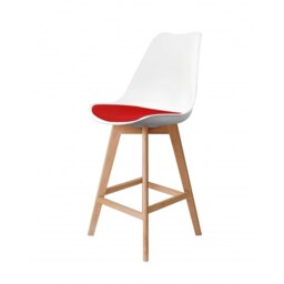 "Fusion Living Soho White and Red Plastic Bar Stool with Light Wood Legs "