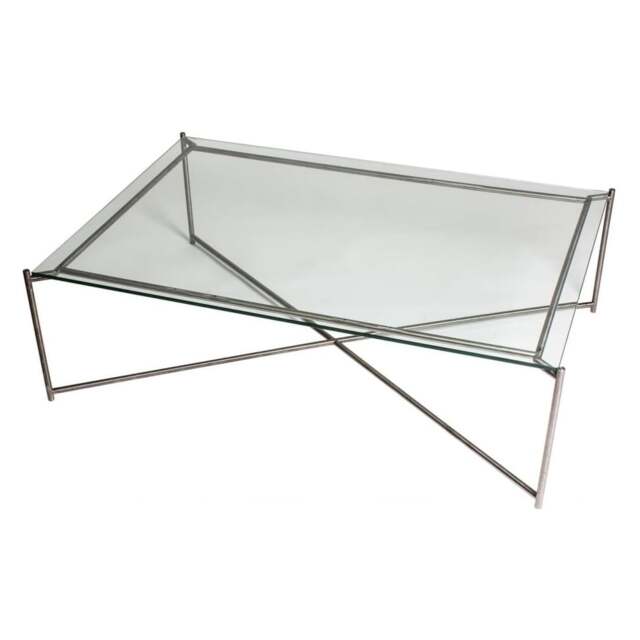 "Gillmore Clear Glass Rectangular Coffee Table with Gun Metal Cross Base "