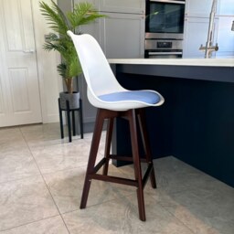 "Fusion Living Soho White and Blue Plastic Bar Stool with Dark Wood Legs "