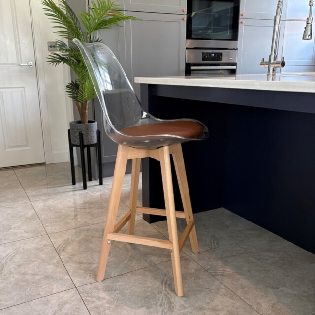 "Fusion Living Soho Clear and Chocolate Plastic Bar Stool with Light Wood Legs "