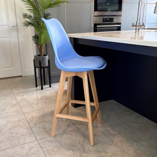 "Fusion Living Soho Blue Plastic Bar Stool with Light Wood Legs "