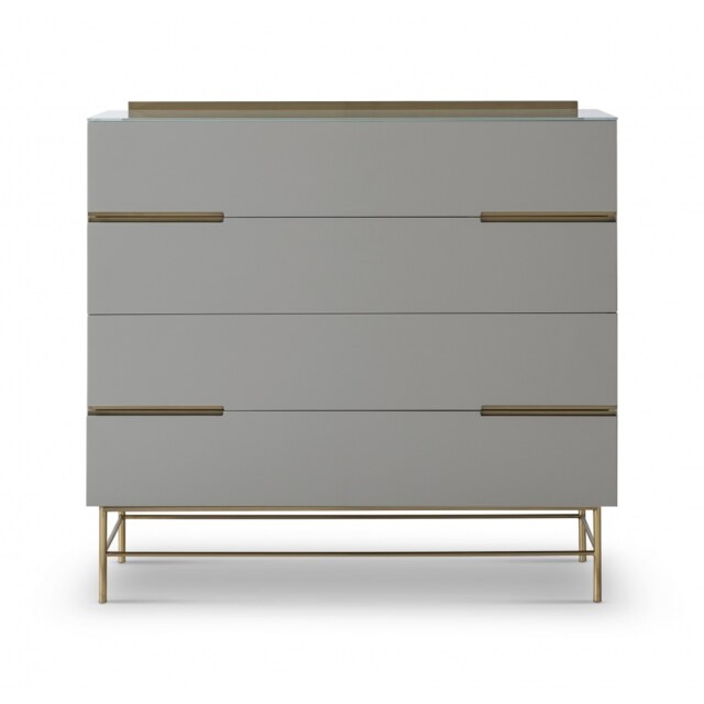 Gillmore Sleek - Contemporary Four Drawer Wide Chest In Grey With Brass Frame And Accents Frame/Handle Colour: Brass, Unit Colour: Grey
