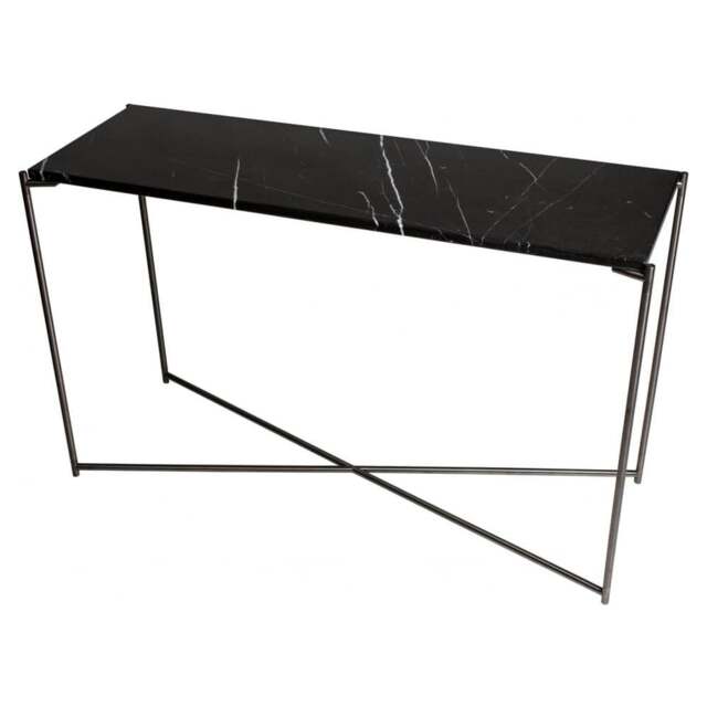 "Gillmore Black Marble Large Console Table with Gun Metal Cross Base "