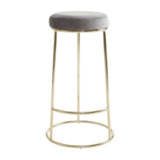 "Fusion Living Luxe Grey Velvet Barstool With Gold Metal Legs "