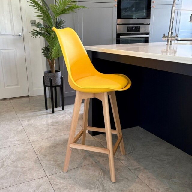 "Fusion Living Soho Yellow Plastic Bar Stool with Light Wood Legs "