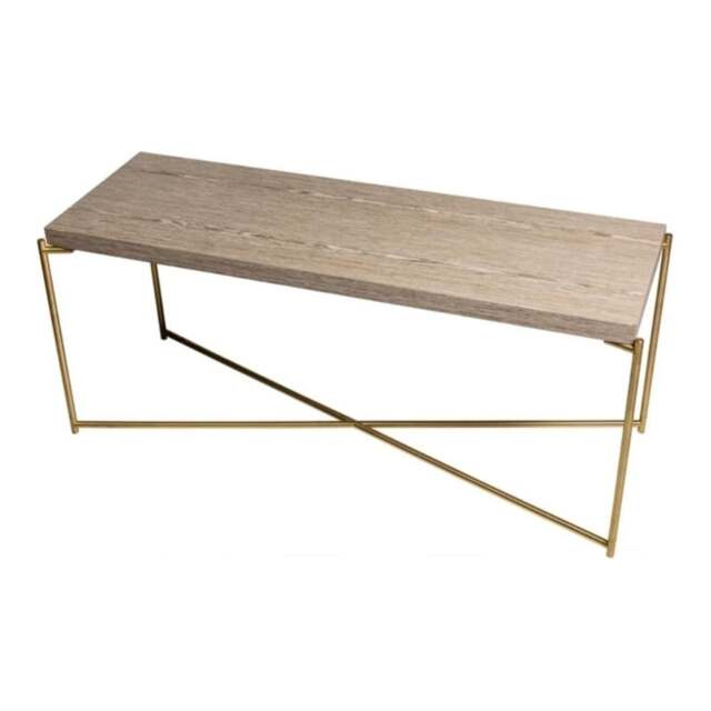 "Gillmore Weathered Oak Low Console Media Table with Brass Cross Base "