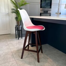"Fusion Living Soho White and Bright Pink Plastic Bar Stool with Dark Wood Legs "